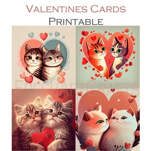 Valentine's Day Cards, Cat Valentines Day Card, Valentines Printable, Valentine's cats, Set of 4, Digital Print, Instant Download, Printable