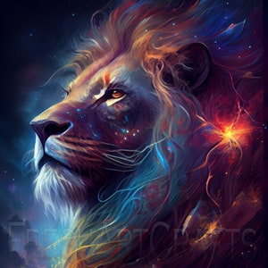 Cosmic Lion Wall Art, Space Lion Art, Lion Digital Art Print, Digital Download, Animal Home Decor, Wall Decor, Printable