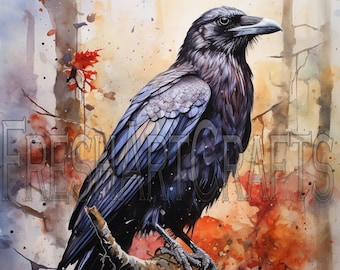 Raven Watercolor Art, Raven Drawing, Bird Painting, Raven Wall Decor, Bird Wall Art, Crow Art, Black Bird Art,  Instant Download