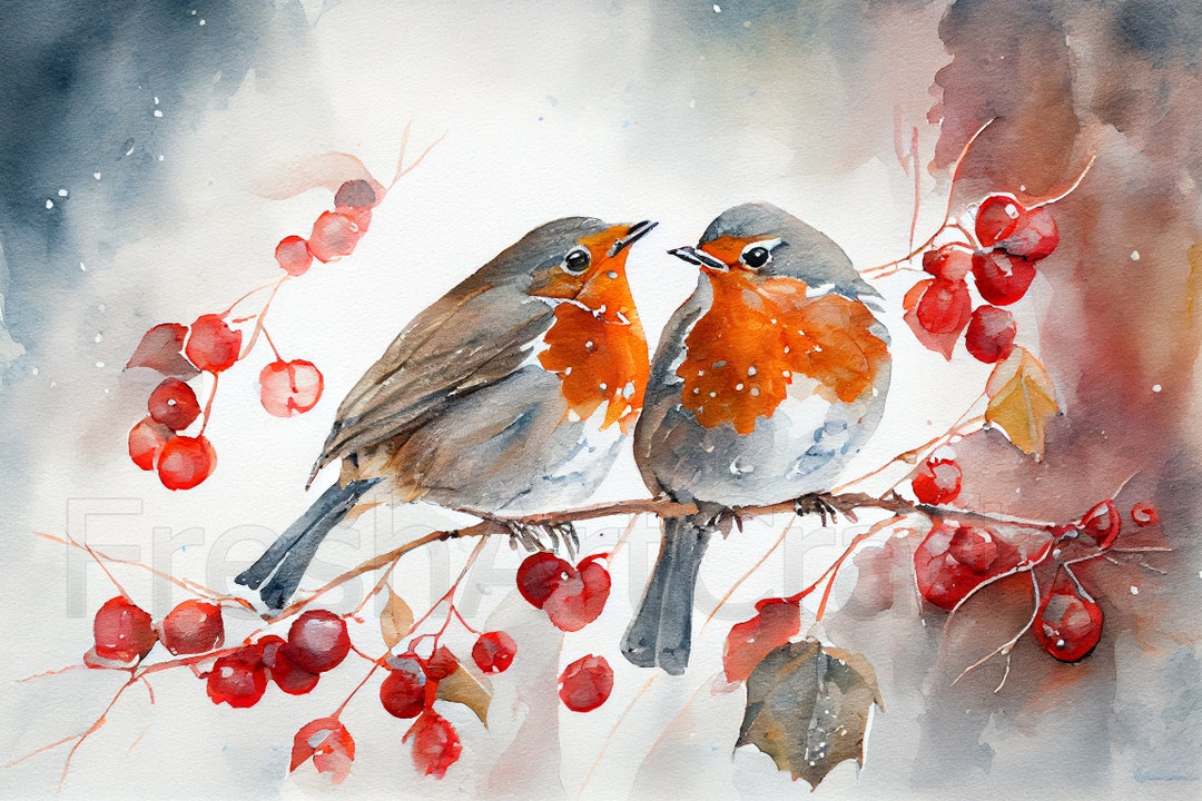 Robin In Watercolour Robins Couple Watercolor Art, Winter Robin Watercolor, Winter Home ...