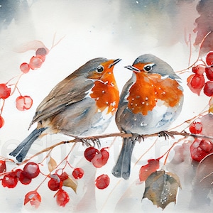 Arte de acuarela de pareja de petirrojos, acuarela de petirrojo de invierno, decoración del hogar de invierno, pintura de pájaro petirrojo, impresión digital, descarga instantánea, imprimible