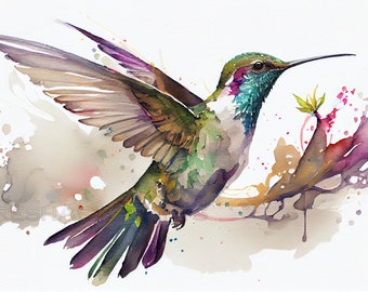 Arte de acuarela de colibrí, pintura de aves, decoración del hogar, arte de pared de aves, impresión digital, descarga instantánea, imprimible