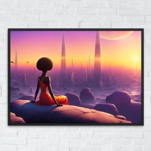 Futuristic Afrofuturism wall art prints featuring African Beauty Mac wallpaper African artists at sunset in cityscape, Shuri, Entergalactic
