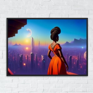 Futuristic Afrofuturism wall art prints kwanzaa African queen Mac wallpaper African artists at sunset in cityscape, Shuri, Entergalactic