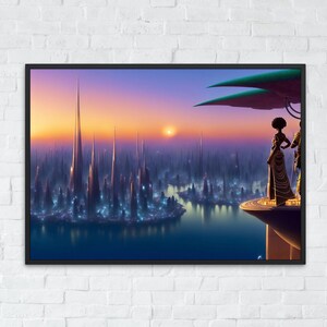 Futuristic Afrofuturism wall art prints African queen Kwanzaa for Mac wallpaper by African artists at sunset in cityscape, Entergalactic