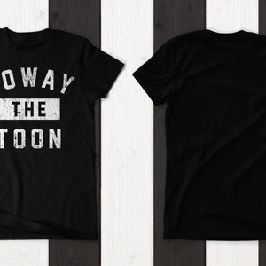 May include: Black t-shirt with a white distressed graphic that says "Howay The Toon".