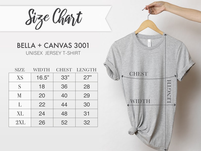 Pode incluir: Tabela de tamanhos para uma camiseta de jersey unissex Bella + Canvas 3001. A tabela mostra as medidas de tamanho, largura, peito e comprimento em polegadas para os tamanhos XS, S, M, L, XL e 2XL.