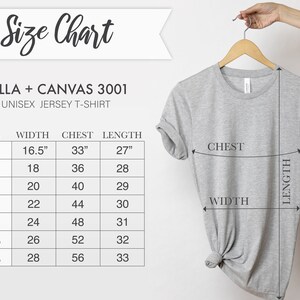 May include: Size chart for a unisex jersey t-shirt, showing measurements in inches for width, chest, and length. Sizes include XS, S, M, L, XL, 2XL, and 3XL.
