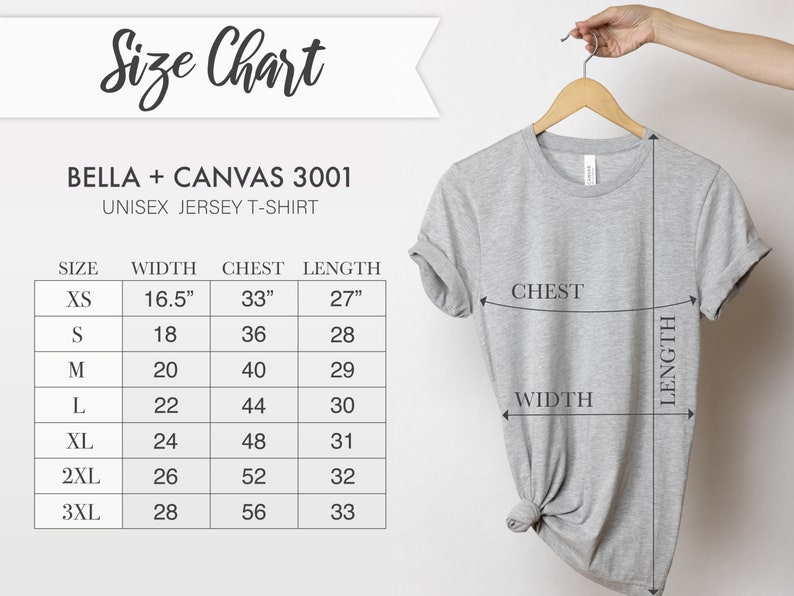 May include: Size chart for a unisex jersey t-shirt, showing measurements in inches for width, chest, and length. Sizes include XS, S, M, L, XL, 2XL, and 3XL.
