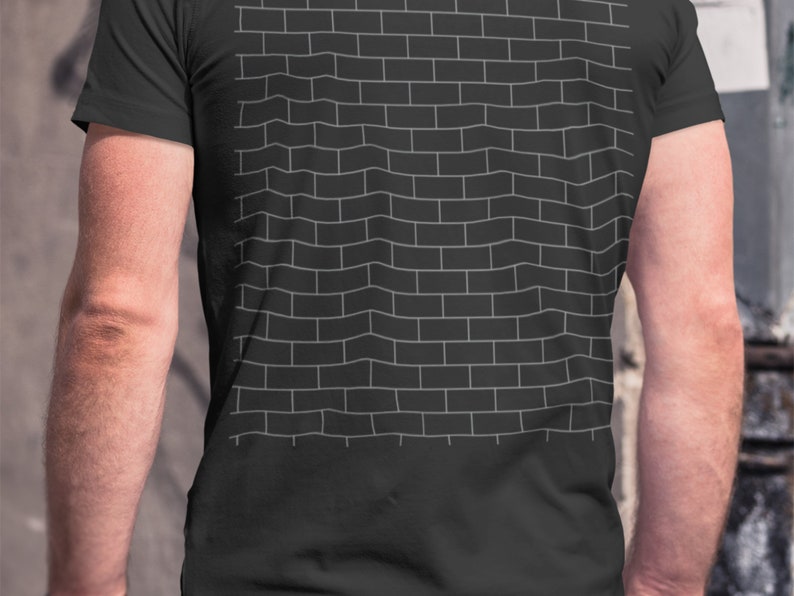 Pode incluir: Uma camiseta preta com um padr&atilde;o de tijolos brancos nas costas.