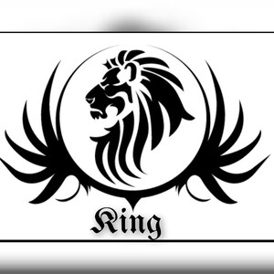 May include: Black and white illustration of a lion's head inside a circle with wings on either side. The word "Ring" is written below the circle.