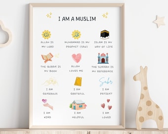 Islamic Affirmations print, Positive Affirmations for Muslim Kids, I am poster, Islamic Nursery, Islamic Homeschool print, Digital download
