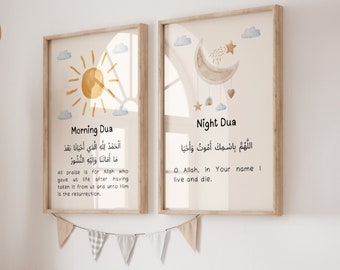 Morning and Night Dua Prints, Waking Up and Sleeping Dua, Islamic Kids duas , Printable Dua, Islamic Nursery Poster, Islamic art, Muslim Dua