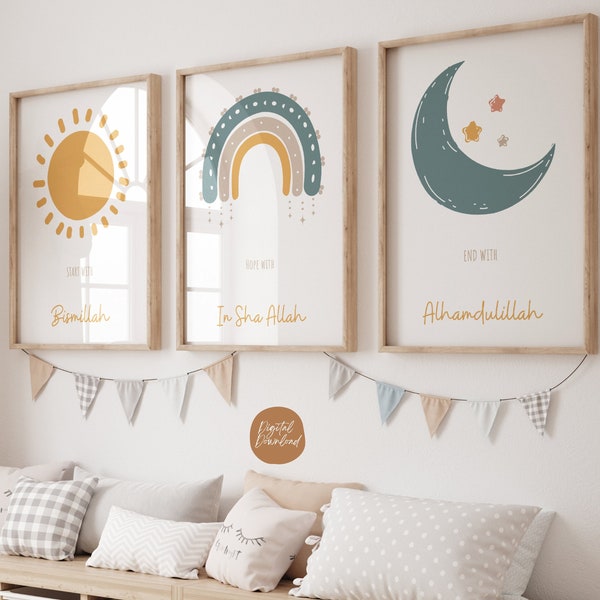 Set of 3 Islamic Nursery Prints, Muslim Nursery Decor, Islamic wall art, Islamic prints, Muslim Kids room, Digital Download, Muslim Boy room