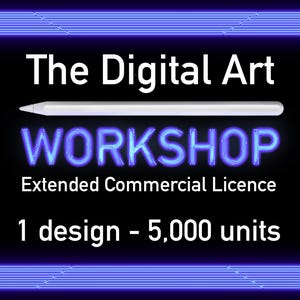 以下が含まれることがあります： 「The Digital Art Workshop」と「Extended Commercial Licence」と「1 design - 5,000 units」の文字が書かれた青いネオンサイン。 「Workshop」の文字の上に白いデジタルペンが表示されています。