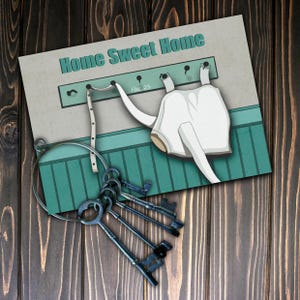 May include: A white ceramic dog figurine hanging on a hook with the text "Home Sweet Home" above it. The dog is hanging upside down with its tail pointing towards the right. There are five keys on a key ring below the dog.
