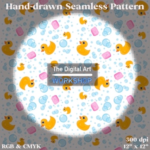 May include: A seamless pattern featuring yellow rubber duckies, blue bubbles, and pink soap bars on a white background. The text "The Digital Art WORKSHOP" is in the center of the pattern.