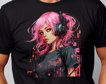 Cyberpunk Anime Girl T-Shirt,  Futuristic Techwear Aesthetic, Kawaii Manga Shirt, Japanese Streetwear, Japanese Harajuku Clothing Unisex