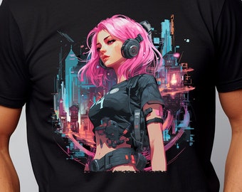 Cyberpunk Anime Girl T-Shirt,  Futuristic Techwear Aesthetic, Kawaii Manga Shirt, Japanese Streetwear, Japanese Harajuku Clothing Unisex