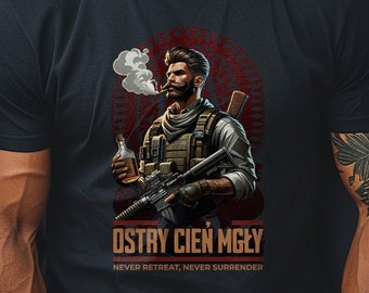 FPS Customized Gamer T-shirt Portrait Card of a Soldier with bottle of moonshine on a folk style background