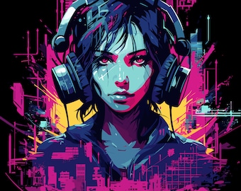 Retro Cyberpunk Woman in Headphones listening to music Men's classic tee
