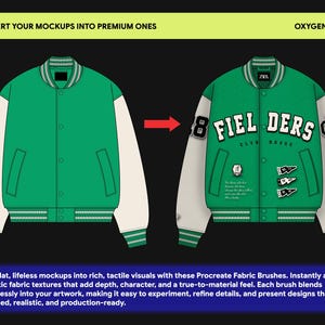 May include: A green and white varsity jacket mockup showing a plain version on the left and a decorated version on the right with the text FIEL DERS, CLUB HOUSE, and OXYGENGREY. The image includes instructions to convert mockups into premium ones.