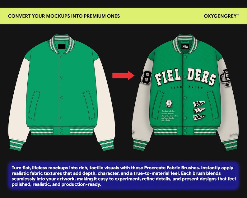 May include: A green and white varsity jacket mockup showing a plain version on the left and a decorated version on the right with the text FIEL DERS, CLUB HOUSE, and OXYGENGREY. The image includes instructions to convert mockups into premium ones.