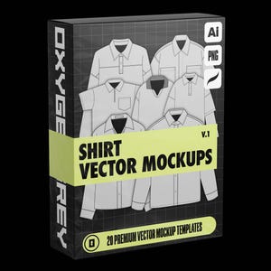 Puede incluir: Una caja rectangular negra que presenta una colección de maquetas vectoriales de camisas blancas. La caja muestra el texto SHIRT VECTOR MOCKUPS V.1, 20 PREMIUM VECTOR MOCKUP TEMPLATES, OXYGEN, Ai, PNG y un icono de pincel. El diseño incluye una cuadrícula.