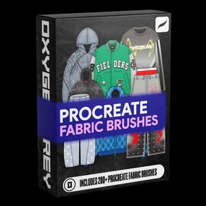 May include: A black rectangular product box featuring the text OXYGEN REY and PROCREATE FABRIC BRUSHES. The box displays various clothing items including a green varsity jacket, hoodies, and pants with graphic prints, plus a label stating INCLUDES 200+ PROCREATE FABRIC BRUSHES.