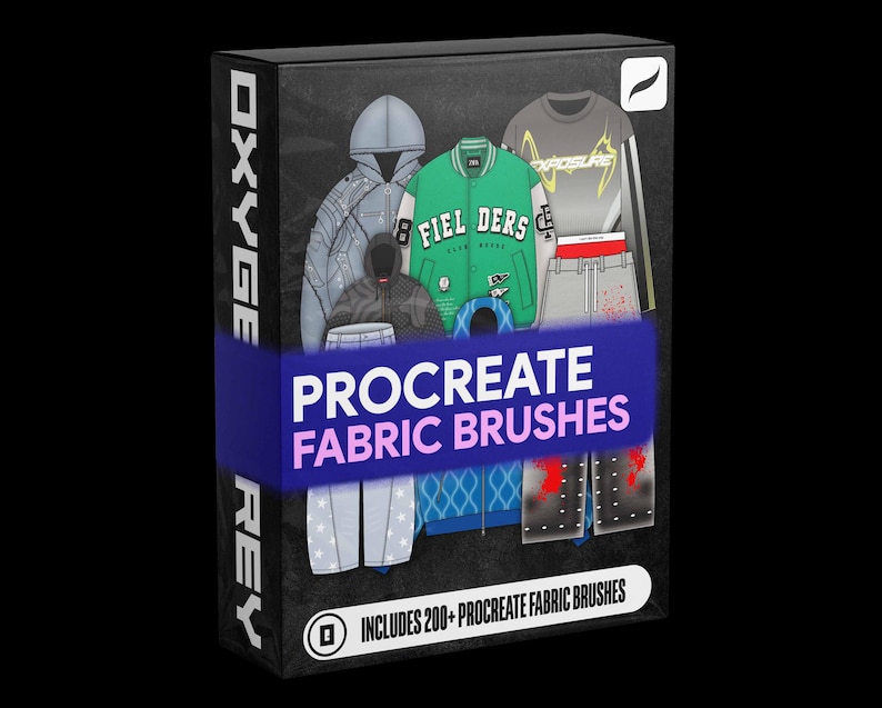 May include: A black rectangular product box featuring the text OXYGEN REY and PROCREATE FABRIC BRUSHES. The box displays various clothing items including a green varsity jacket, hoodies, and trousers with graphic prints, plus a label stating INCLUDES 200+ PROCREATE FABRIC BRUSHES.