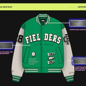 May include: A green varsity jacket with white sleeves, featuring the text "FIELDERS CLUB HOUSE" in white letters across the chest. The jacket includes snap buttons, striped ribbed cuffs, and collar, with various patches and embroidered details.