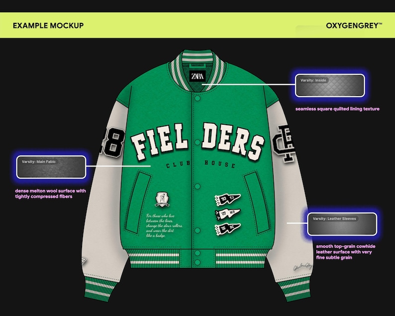 May include: A green varsity jacket with white sleeves, featuring the text "FIELDERS CLUB HOUSE" in white letters across the chest. The jacket includes snap buttons, striped ribbed cuffs, and collar, with various patches and embroidered details.