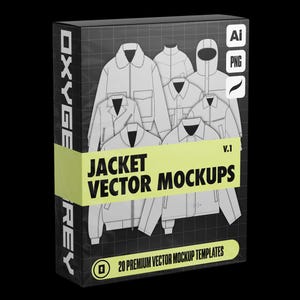 May include: A black rectangular box featuring a grid pattern and white line drawings of various jacket styles. A light green band across the center displays the text JACKET VECTOR MOCKUPS V.1. Icons for Ai, PNG, and a brush are visible in the corner.