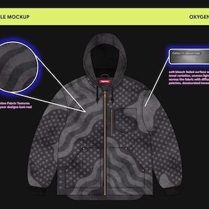 May include: A charcoal grey zip-up hooded jacket featuring a repeating star and wavy stripe pattern. The garment includes a gold-toned front zip, a chest pocket, two lower pockets, and a small red rectangular label at the neckline.