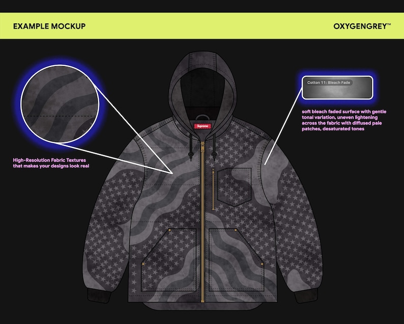 May include: A charcoal grey zip-up hooded jacket featuring a repeating star and wavy stripe pattern. The garment includes a gold-toned front zip, a chest pocket, two lower pockets, and a small red rectangular label at the neckline.