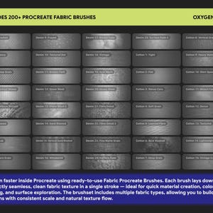 May include: A digital display featuring 200+ Procreate fabric brushes, organised in a grid of labelled rectangular swatches. The text reads: INCLUDES 200+ PROCREATE FABRIC BRUSHES, OXYGENGREY, and a description of the brush set's seamless texture capabilities.