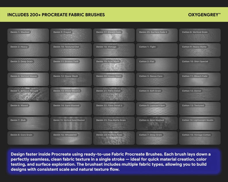 May include: A digital display featuring 200+ Procreate fabric brushes, organised in a grid of labelled rectangular swatches. The text reads: INCLUDES 200+ PROCREATE FABRIC BRUSHES, OXYGENGREY, and a description of the brush set's seamless texture capabilities.