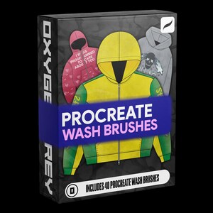 Puede incluir: Una caja de producto digital para Procreate Wash Brushes con un gráfico de sudadera con capucha y cremallera en amarillo y verde. La caja muestra el texto Procreate Wash Brushes e Includes 40 Procreate Wash Brushes, con ilustraciones de sudaderas en rosa y gris.