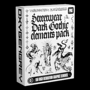 May include: A white box with the text "Streetwear Dark Gothic elements pack" and "150 High Resolution Graphic Elements". The box features black and white illustrations of gothic and streetwear designs.
