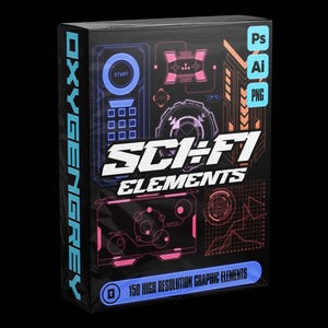 以下が含まれることがあります： 黒い長方形のソフトウェアボックス。白い文字で「SCI-FI ELEMENTS」と書かれ、青とピンクのネオン風デジタルインターフェースグラフィック、円形のHUD、グリッド、データパネルが描かれています。側面には青い文字で「OXYGENGREY」と表示されています。