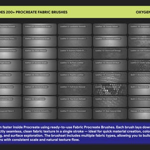 May include: A digital display featuring a grid of 200+ Procreate fabric brushes, categorised by cotton, leather, quilt, and canvas textures. The text includes 'INCLUDES 200+ PROCREATE FABRIC BRUSHES', 'OXYGENGREY', and a description of the brush set functionality.