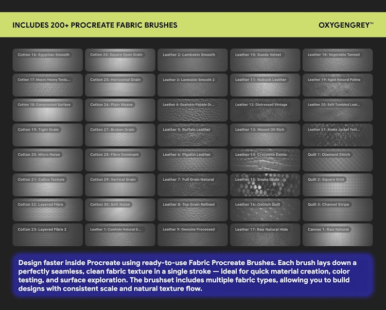May include: A digital display featuring a grid of 200+ Procreate fabric brushes, categorised by cotton, leather, quilt, and canvas textures. The text includes 'INCLUDES 200+ PROCREATE FABRIC BRUSHES', 'OXYGENGREY', and a description of the brush set functionality.