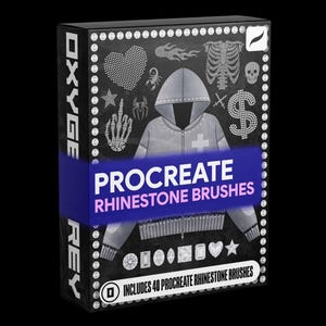 Puede incluir: Una caja de producto digital rectangular negra con el texto PROCREATE RHINESTONE BRUSHES e INCLUDES 40 PROCREATE RHINESTONE BRUSHES. El diseño muestra iconos plateados estilo pedrería de una sudadera con capucha, corazón, calavera y dólar.