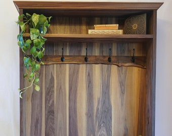 MADE 2 ORDER 36"-60" Black Walnut Hall Tree w/live edge accent strip. Mudroom/Entryway/Laundry Organizer/Storage Bench. Free Shipping in US