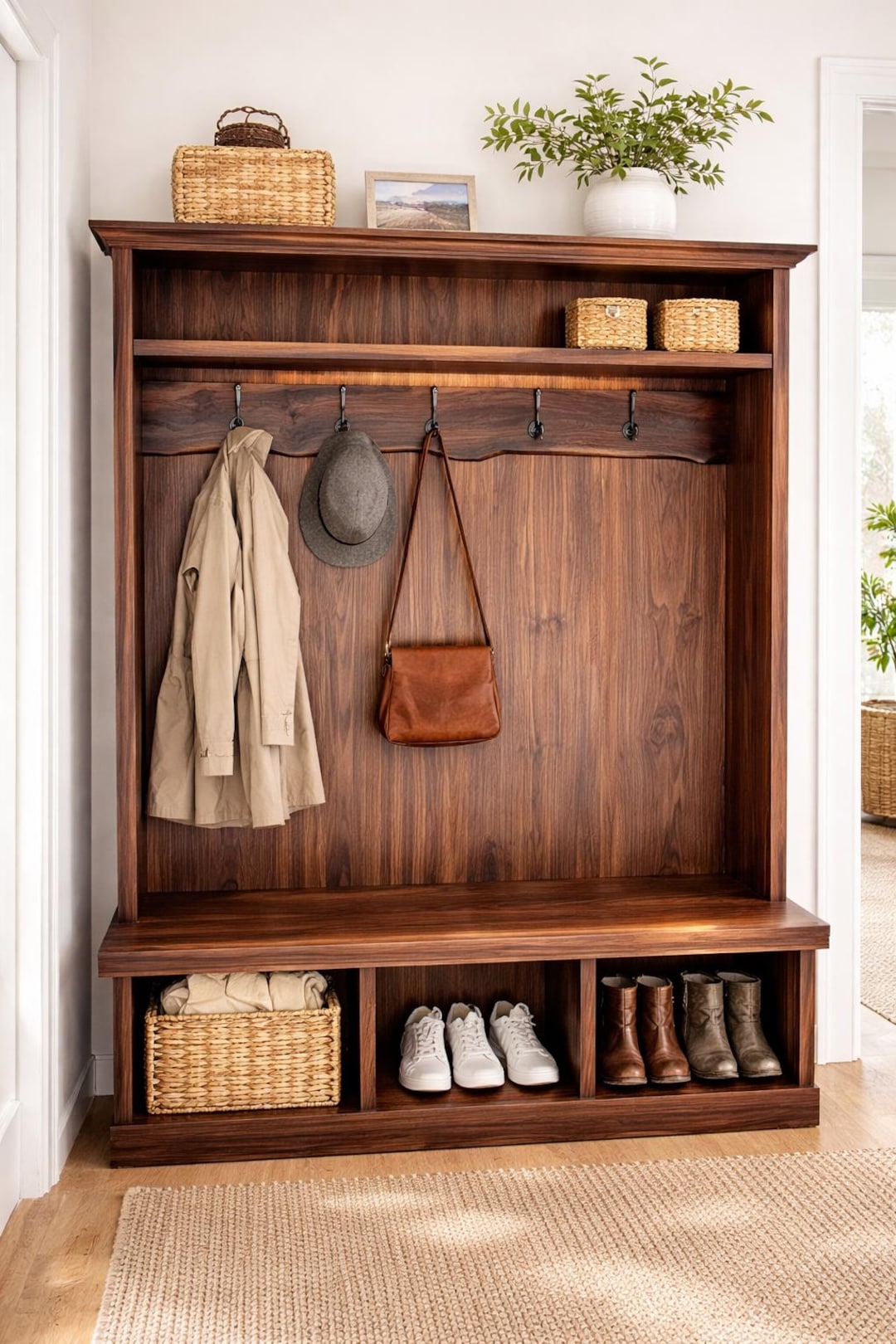 Black Walnut Hall Tree With Live Edge Accent | Entryway Bench