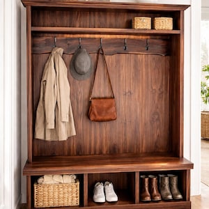 Black Walnut Hall Tree with Live Edge Accent | Entryway Bench Furniture Option