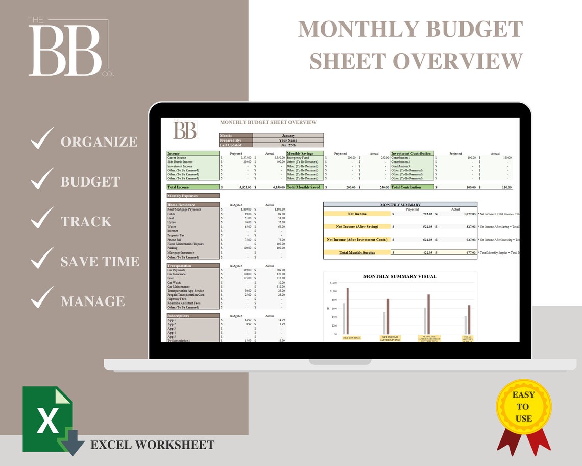 Monthly Budget Overview Sheet | Customizable Excel Template (digital ...