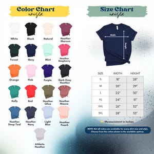 The image is a color chart and size chart for a variety of t-shirt designs, including different colors and sizes. The chart provides a visual representation of the available color options and corresponding measurements for each design.