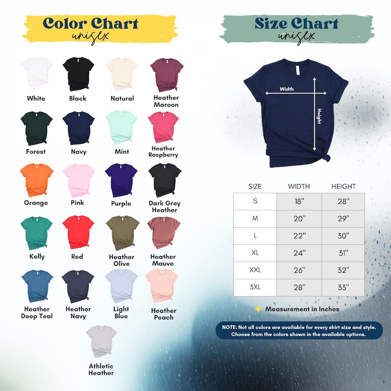 The image is a color chart and size chart for a variety of t-shirt designs, including different colors and sizes. The chart provides a visual representation of the available color options and corresponding measurements for each design.