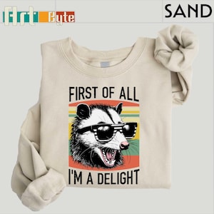 First of All I&#39;m a Delight Sweatshirt, Raccon Sweatshirt, Possum Shirt, Gift for Her, Gift for Animal, Gifts for Women, Best Friend Gift Tee